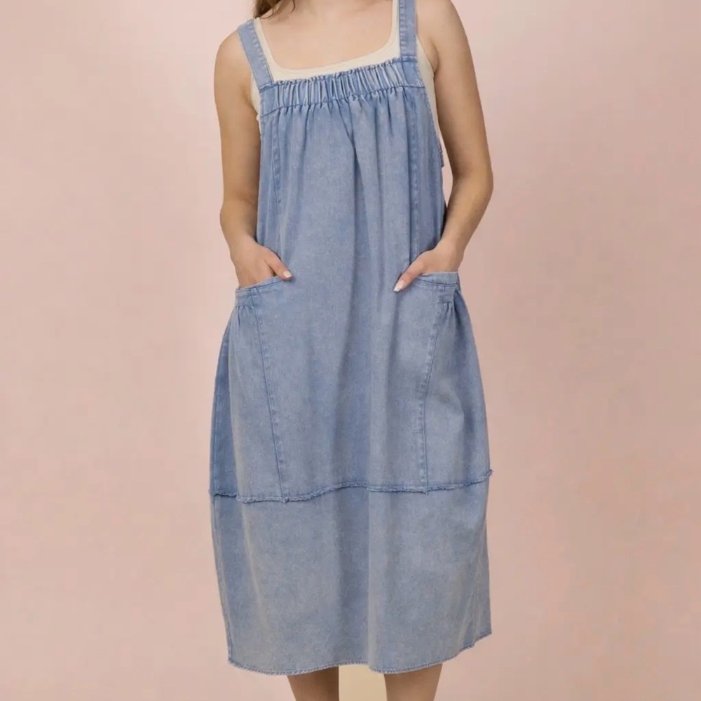 Light Wash Denim Midi Pinafore Dress with Pockets